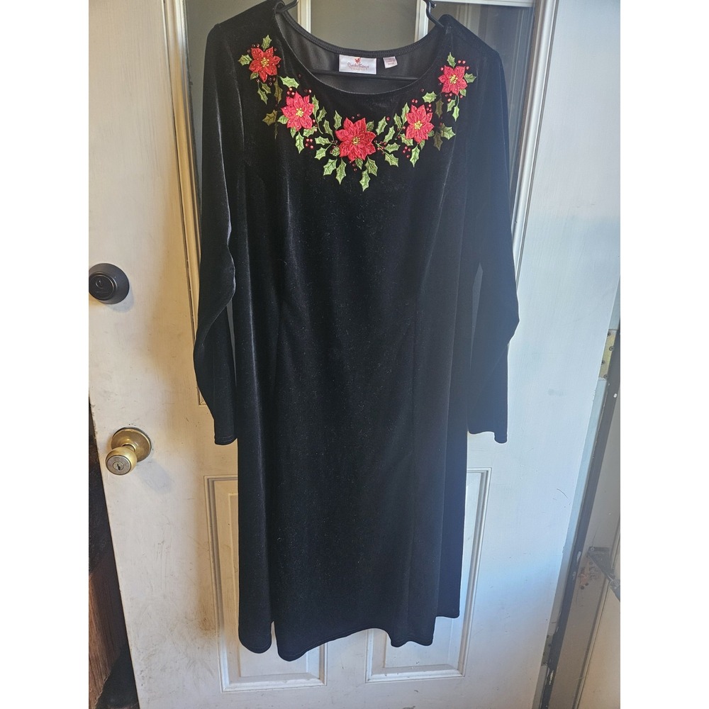 Quacker Factory Black Velvet Poinsettia Christmas Dress Women Plus Size 1X Long